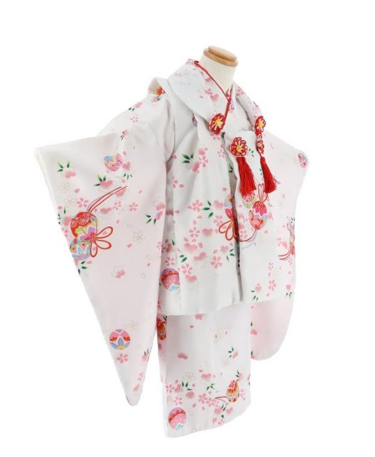 七五三 3歳女の子用被布[シンプルかわいい](被布・着物)白に小桜と毬No 